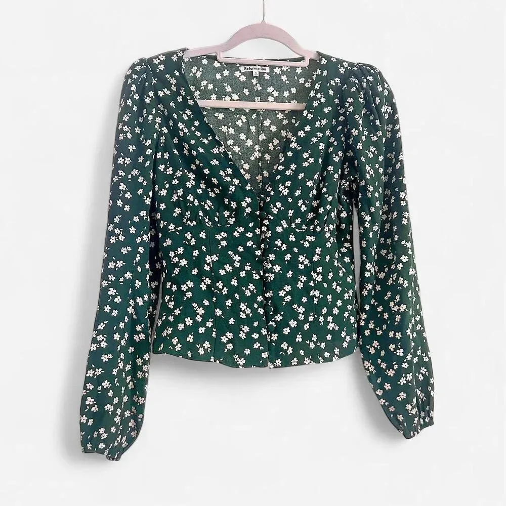 Reformation Nell Top in Annette Green Floral – Cottage Romance Blouse Small